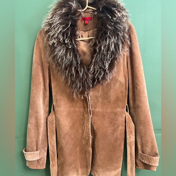 ☃️ ModODoc Suede Coat with feather fur collar size Small - Picture 1 of 10